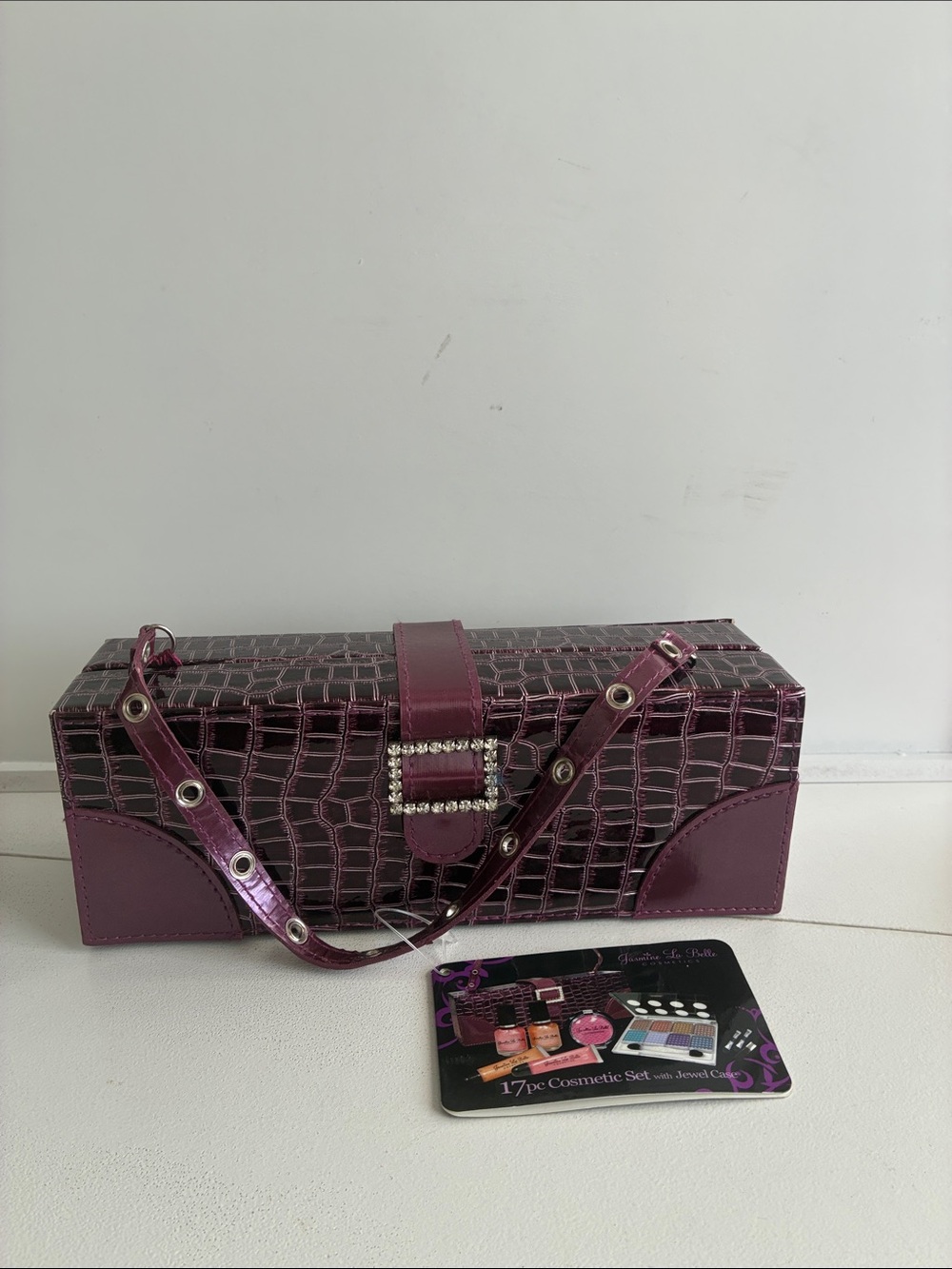 Croc-Embossed Plum Cosmetic Case with Jewel Buckle